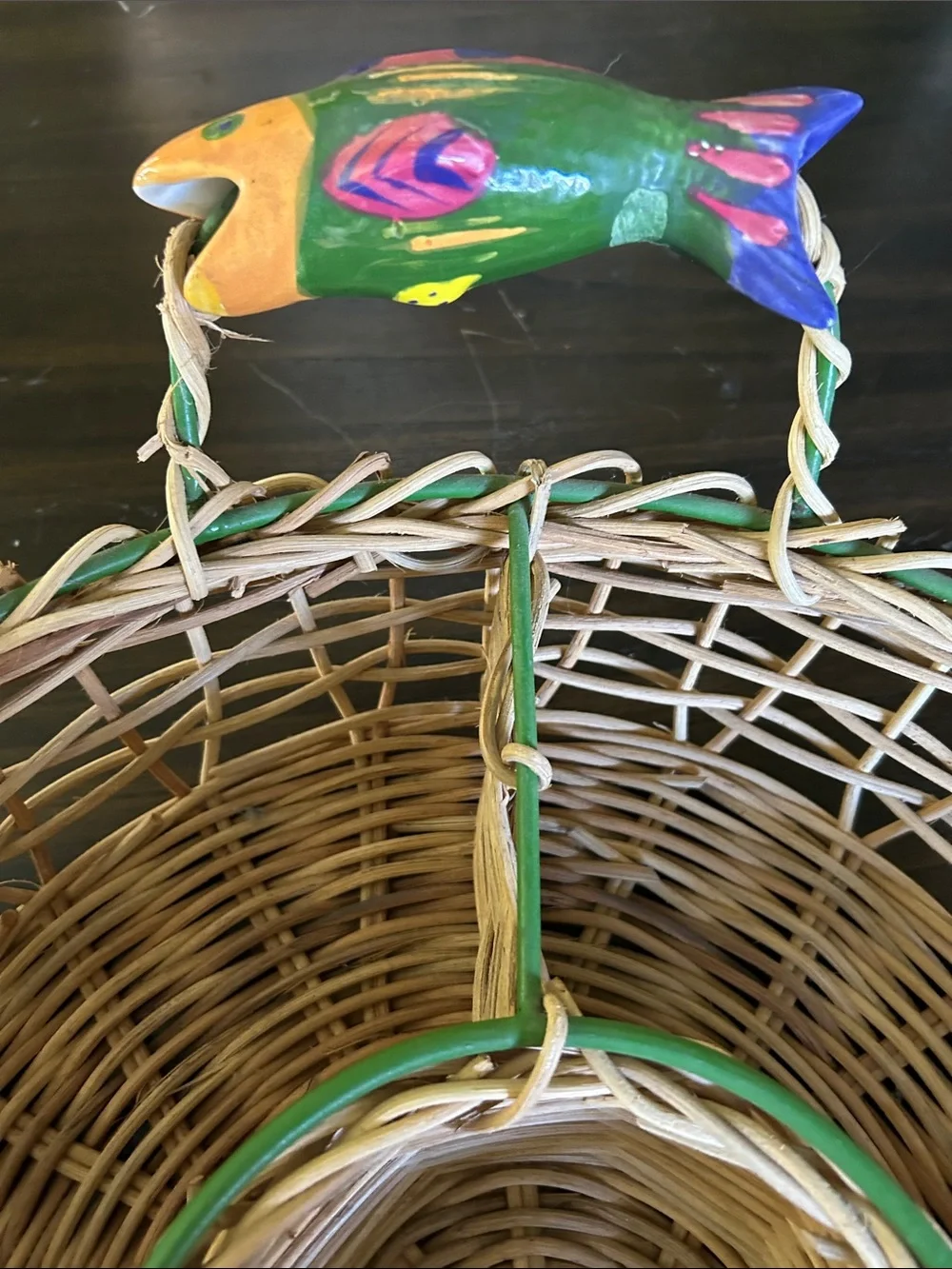 Woven Wicker Divided Serving Basket with Green Trim and Colorful Fish Accents